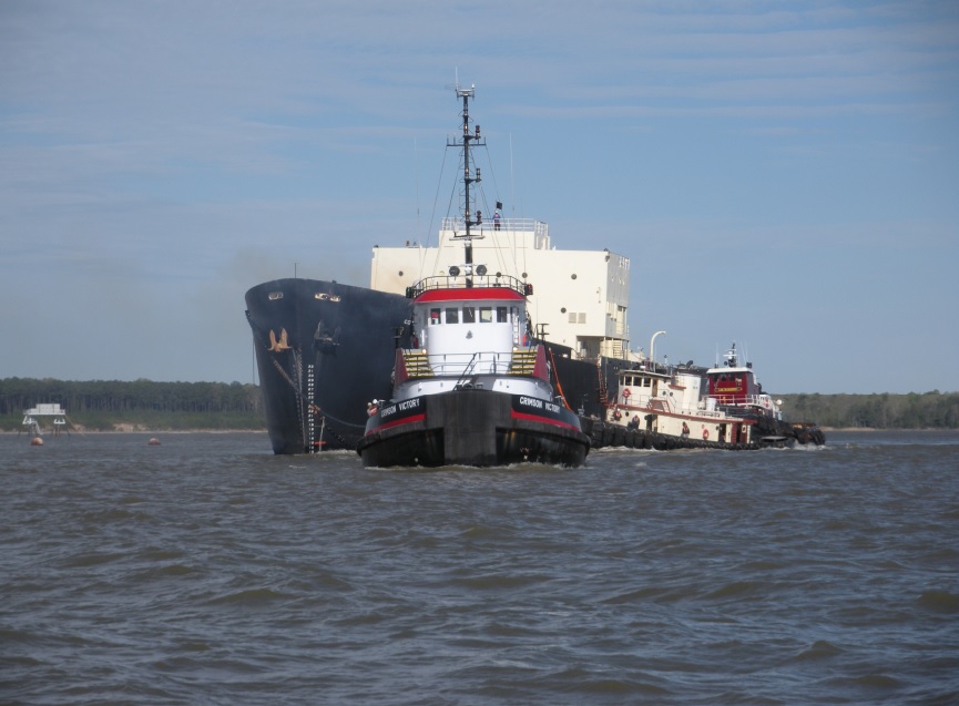 Tugs prepare to start the former nuclear barge STURGIS on the final voyage this morning, April 16, 2015.  Photo courtesy NS SAVANNAH ASSOCIATION, INC.