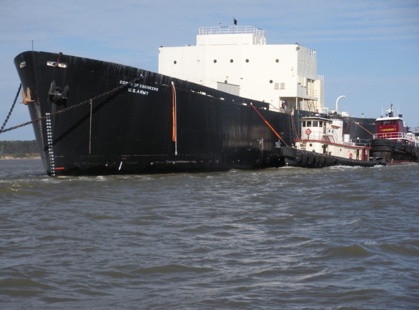 Nuclear barge STURGIS, long since shut down and in SAFSTOR, prepares to be towed off on the morning of April 16, 2015.  Photo courtesy NS SAVANNAH ASSOCIATION, INC.