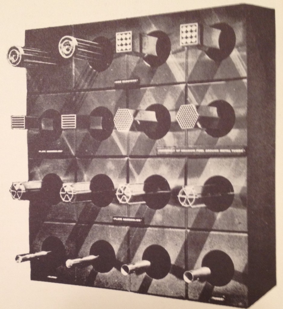 Display of various types of fuel elements manufactured by SYLCOR.  From brochure in Will Davis collection. 