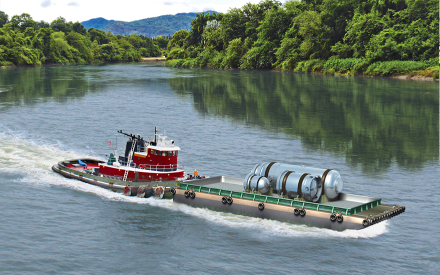 NuScale Power's reactor and containment power modules can be delivered to sites by truck or, as seen here, by barge, opening up a wide variety of potential site locations.  Illustration courtesy NuScale Power. 