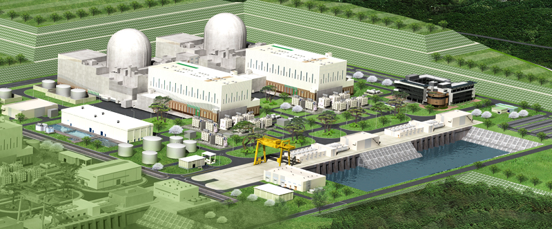 Artist's concept of Shin-Kori Units 5 and 6, which have construction licenses but have not started work.  These are APR1400 units- the most modern Korean type, and the type being built overseas in the UAE.  Illustration courtesy Korea Hydro & Nuclear Power. 