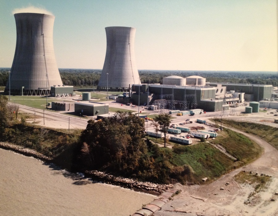 Perry Nuclear Plant in Ohio.  Nuclear plants create no emissions of their own; the cooling towers emit only water vapor.  Press photo in Will Davis collection.