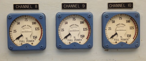 Reactor Power Meters, NS Savannah.  These three Westinghouse K-241 meters replaced a single meter with selector switch to change between three channels.  The control panels of this ship saw a number of changes over the years as alterations and refinements were made.  Will Davis photo.